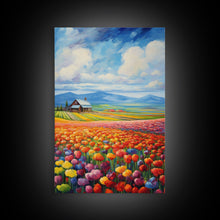 Cargar imagen en el visor de la galería, Flower Farm Wall Art, Tulip Field, Countryside Wall Print, Canvas Print, Wall Art, Vertical Art, Gifts For Grandma, Tiny House Decor

