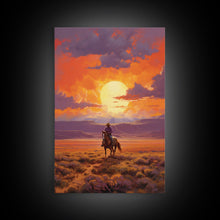 Load image into Gallery viewer, Cowboy Wall Art, Western Decor, Sunset Wall Art, Desert Art, Canvas Print, Wall Art, Vertical Art, Boys Bedroom Decor, Ranch Wall Art
