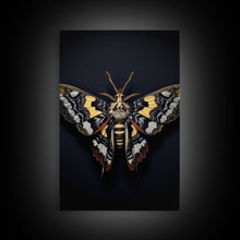 Load image into Gallery viewer, Framed Death Head Moth Canvas Print, Acherontia, Taxidermy Art, Dried Butterfly Print, Bug Wall Art Hanging Decor, Goth Art, Halloween Art
