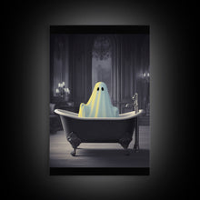 Load image into Gallery viewer, Funny Halloween Art, Ghost Takin&#39; A Bath, Framed Canvas Print, Halloween Canvas, Ghost In The Tub, Goofy Gothic Victorian Art
