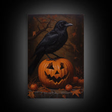 Load image into Gallery viewer, Crow Atop A Jack O Lantern, Framed Canvas Print, Halloween Decor, Raven Painting, Victorian Oil Painting Print, Macabre Horror Print

