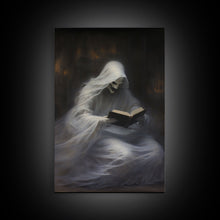 Load image into Gallery viewer, He&#39;s really into that book man, why is that ghost reading? Spooky Victorian Halloween Oil Painting Canvas Print, Halloween Decorations
