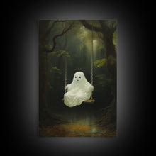 Load image into Gallery viewer, Cute Little Boo Playground Ghost, Funny Halloween, Vintage Halloween Canvas, Framed Canvas Print, Cute Wall Art, Ghost On A Swing, Macabre
