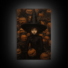 Load image into Gallery viewer, Gothic Witch Art, Framed Halloween Canvas, Canvas Print, Spooky Halloween Wall Art, Halloween Decoration, Witchy Decor Pumpkin Patch Witch
