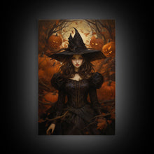 Load image into Gallery viewer, Beautiful Gothic Witch Art, Framed Halloween Canvas, Canvas Print, Spooky Halloween Wall Art, Halloween Deco, Witchy Art Pumpkin Patch Witch
