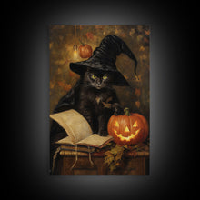 Carregar imagem no visualizador da galeria, Cute Witch Cat Reading Her Book Of Spells, Vintage Halloween Art, Framed Canvas Print, Halloween Canvas Art, Witchcraft
