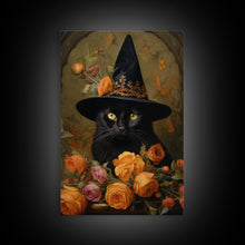 Carregar imagem no visualizador da galeria, Cute Witch&#39;s Familiar Cat Halloween Art, Cat Witch, Cat Painting, Cute Cat Print, Halloween Decor, Black Cat Print, Framed Canvas / Canvas
