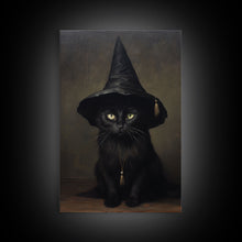 Carregar imagem no visualizador da galeria, Cute Witch&#39;s Familiar Cat Halloween Art, Cat Witch, Cat Painting, Cute Cat Print, Halloween Decor, Black Cat Print, Framed Canvas / Canvas
