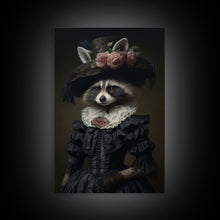 Carregar imagem no visualizador da galeria, Fancy Victorian Lady Racoon, Framed Canvas Print Or Canvas, Victorian Animal Print Oil Painting, Funny Halloween Decor
