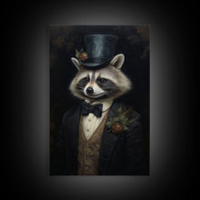 Load image into Gallery viewer, Distinguished Dapper Gentleman Raccoon, Funny Animal Prints, Humorous Art, Framed Canvas, Wall Art, Canvas Print, Funny Halloween Decor
