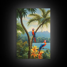 Load image into Gallery viewer, Palm Tree Art, Tropical Wall Art, Macaw, Landscape Art Print, Canvas Print, Wall Art, 3 Piece Wall Art, Retirement Gifts, Apartment Wall Art
