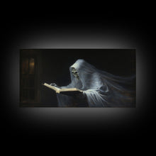 Load image into Gallery viewer, The Reading Ghost, Framed Canvas Print, Victorian Oil Painting Style, Spooky Halloween Decor, Goth Art

