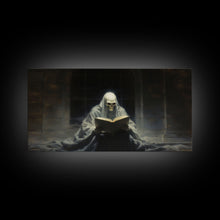 Load image into Gallery viewer, Grim Reaper Reading A Book In A Haunted Library, Framed Canvas Print, Victorian Oil Painting Style, Spooky Halloween Decor, Goth Art
