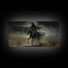 Load image into Gallery viewer, Ghost Cowboy Art, Framed Canvas Print, Halloween art, spooky decor, cowboy art, western decor, grim reaper on a horse in the desert
