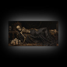 Load image into Gallery viewer, Eternal Slumber, Framed Canvas Print, Creepy Victorian Oil Painting, Halloween Art Prints, The Sleeping Skeleton Painting
