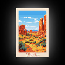 Carregar imagem no visualizador da galeria, Arches National Park, Framed Wall Art Canvas Print, Travel Poster, Travel Art, Roadtrip Decor, Cool Wall Art, Retro State Park Art
