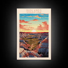Carregar imagem no visualizador da galeria, Badlands National Park, Framed Wall Art Canvas Print, Travel Poster, South Dakota Travel Art, Roadtrip Decor, Cool Art, Retro State Park Art
