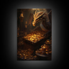 Load image into Gallery viewer, Dragon Art, Fantasy Art, Treasure Chest, Canvas Print, Wall Hanging, Portrait Art, Video Game Art, Nerdy Home Decor, Gift For Friend
