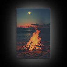 Carregar imagem no visualizador da galeria, Beach Campfire Under A Full Moon, Photography Print, Framed Canvas Print, Beach House Decor, Coastal Decor, Beach Print, Beach Art

