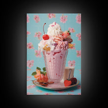 Load image into Gallery viewer, A Strawberry Sunday, Ice Cream Art, Framed Canvas Print, Ice Cream Parlor Decor, Icecream Shop Wall Art, MCM Style Decor, Kitchen decor
