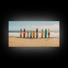 Carregar imagem no visualizador da galeria, Boho Beach Decor, Framed Canvas Print, Retro Surf Boards In The Sand, Living Room Decor, Gift For Him, Surfer Gift
