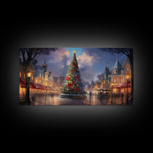 Cargar imagen en el visor de la galería, Christmas Decor Handmade, Framed Canvas Print, Beautiful Winter Wonderland Christmas Village, Christmas Tree Art
