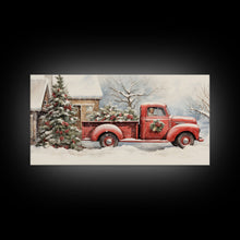 Cargar imagen en el visor de la galería, Christmas Tree Delivery - Retro Farmhouse Christmas Decor - Old Red Truck Delivering Christmas Trees - Framed Canvas Print - Holiday Decor
