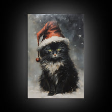 Carregar imagem no visualizador da galeria, Black Christmas Cat Wearing A Santa Hat, Framed Canvas Print, Christmas Decor, Xmas Wall Art, Holiday Decor, Seasonal Wall Decor
