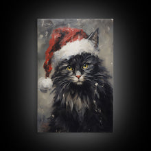 Cargar imagen en el visor de la galería, Christmas Cat In His Christmas Hat, Framed Canvas Print, Holiday Decor, Framed Canvas Print, Seasonal Wall Art
