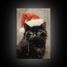 Cargar imagen en el visor de la galería, Christmas Cat In A Christmas Hat, Farmhouse Christmas, Farmhouse Decor, Framed Canvas Print, Seasonal Wall Art, Winter Decor, Christmas Art
