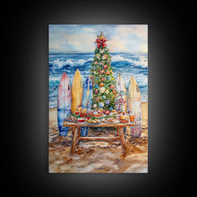 Cargar imagen en el visor de la galería, Christmas tree with surfboards on the beach, Framed Canvas Print tropical holiday wall art perfect beach Christmas decor holiday gift idea

