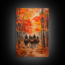Load image into Gallery viewer, Cowboys Riding Into Town On Thanksgiving, Western Fall Decor, Framed Canvas Print, Autumn Outdoor Decor, Christmas poster

