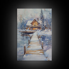 Cargar imagen en el visor de la galería, Christmas At The Lake, Framed Canvas Print, Wood Frame Lake House Decor, Winter Lakehouse Art
