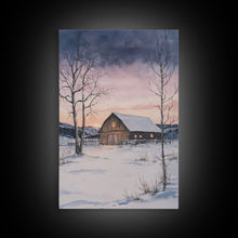 Load image into Gallery viewer, Barn In The Winter, Framed Canvas Print, Winter Landscape Print, Rustic Christmas Art, Primitive Decor

