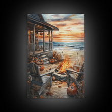 Carregar imagem no visualizador da galeria, Beach Campfire On The Fall, Framed Canvas Print, Boho Beach Art Nautical Decor, Modern Christmas / Thanksgiving Gift Wall Art
