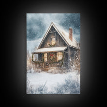 Carregar imagem no visualizador da galeria, Beautiful Woods Cabin Framed Canvas Print, Extra Large Fall Decor, Mid Century Modern Winter Wall Art, Modern Christmas
