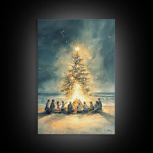Cargar imagen en el visor de la galería, Christmas Beach Bonfire Framed Canvas Print, Christmas Painting Wall Art, Christmas Handmade Art, Best Gift Christmas Decor
