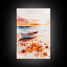 Carregar imagem no visualizador da galeria, Canoe On A Serene Fall Lake, Framed Canvas Print, Autumn Decor, Fall Wall Art, Fall Poster, Autumn Prints Wall Art
