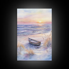 Carregar imagem no visualizador da galeria, Abandoned Canoe On The Beach, Framed Canvas Print, Nautical Decor, Christmas Outdoor Decor, Christmas Prints Wall Art
