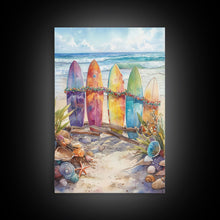 Cargar imagen en el visor de la galería, Christmas Surfboards On A Snowy Beach, Framed Canvas Print, Tropical / Nautical Christmas Art or Gift Idea, Christmas Poster
