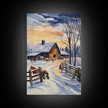 Cargar imagen en el visor de la galería, Christmas On The Farm, Winter Wall Art Framed Canvas Print, Gift Idea, Seasonal Decor, Barn Painting, Farmhouse Art
