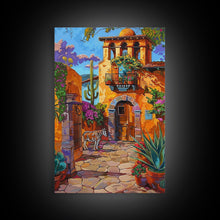 Carregar imagem no visualizador da galeria, Bright Mexican Style Courtyard Tall Art Framed Canvas Print Featuring Vibrant Architecture And Desert Scenery
