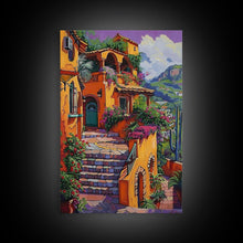 Carregar imagem no visualizador da galeria, Framed Canvas Print Tall Art Mexican Style Scenic Steps Lined With Colorful Flowers And Architecture
