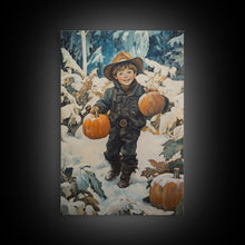 Load image into Gallery viewer, Cowboy Christmas Decor Framed Canvas Print with Pumpkin in Snow, Rustic Holiday Home Wall Art and Seasonal Gift Idea 2024
