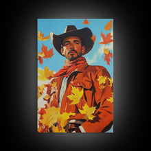 Load image into Gallery viewer, Autumn Cowboy Holiday Decor Framed Canvas Print with Leaves, Colorful Seasonal Wall Art Gift Idea 2024
