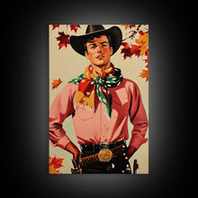 Load image into Gallery viewer, Cowboy Christmas Wall Art Canvas Print with Autumn Leaves, Seasonal Holiday Decor and Gift Idea 2024
