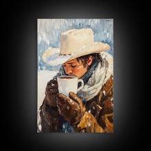 Load image into Gallery viewer, Cowboy Drinking Hot Cocoa Framed Canvas Print - Cozy Winter Wall Art 2024 Rustic Christmas Decor and Gift Idea
