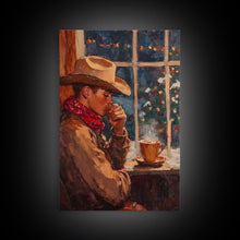 Load image into Gallery viewer, Cowboy in Snow with Coffee Framed Canvas Print - Winter Country Scene Art 2024 Cozy Christmas Wall Decor and Gift Idea
