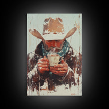 Load image into Gallery viewer, Cowboy Riding Horse in Winter Forest Framed Canvas Print - Moody Winter Landscape Art Perfect 2024 Christmas Home Decor
