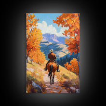 Load image into Gallery viewer, Cowboy Riding Through Autumn Mountains Framed Canvas Print Fall Landscape Art Christmas Decor Seasonal Wall Art Cowboy Christmas Gift Idea
